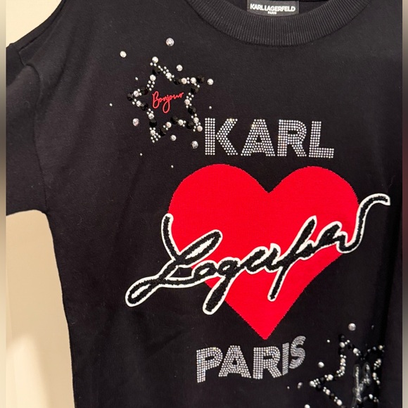Karl Lagerfeld MWT Size M Classic Karl Black Red Heart Design Knit Top (0548) - Picture 5 of 11